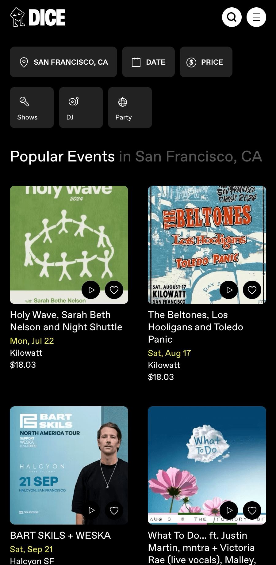 Dice event discovery homepage